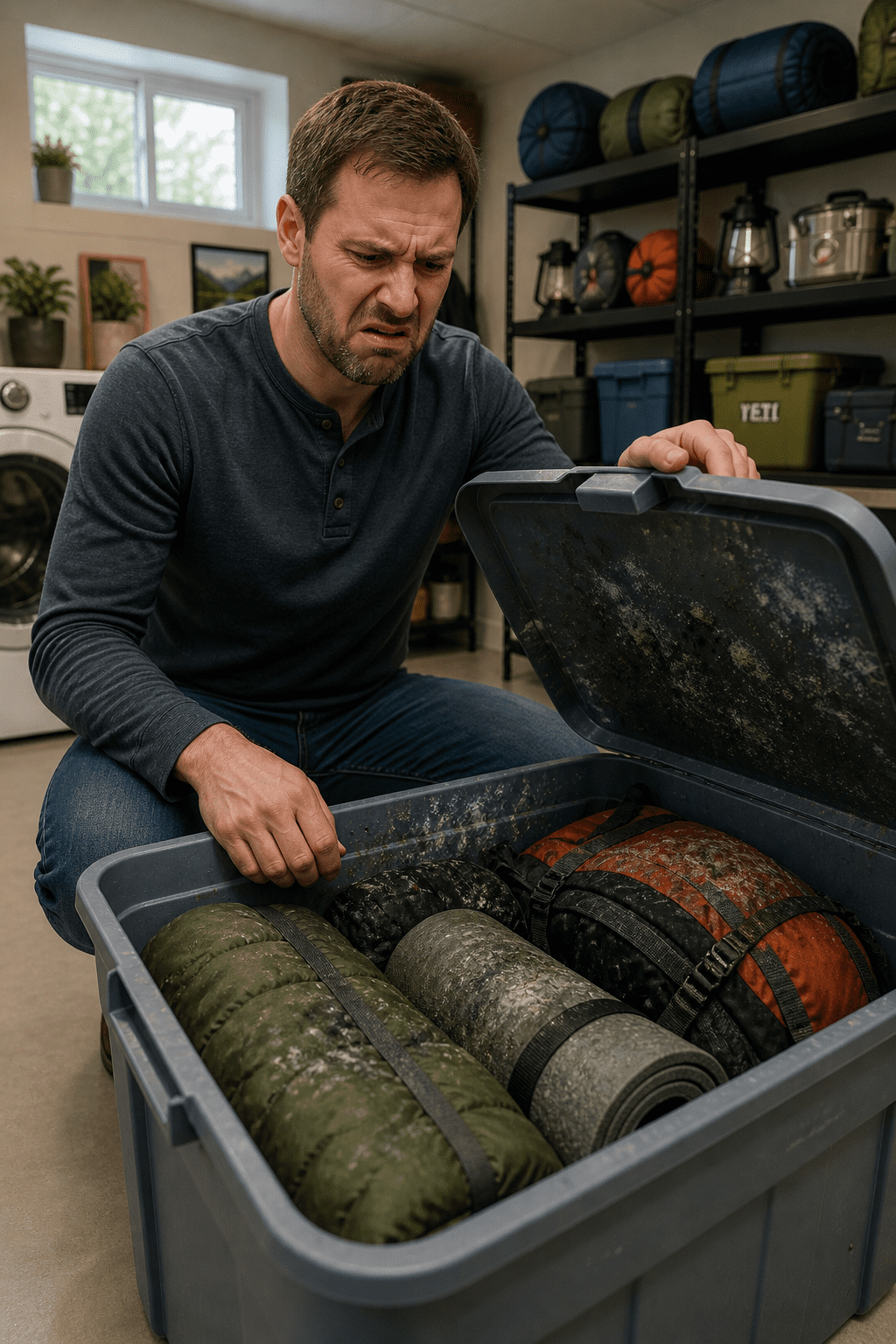 guy opening up his storage containers after storing his camping gear all winter to find mold and mildew has taken over.