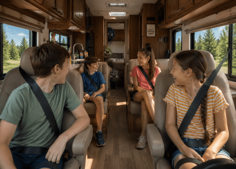 an RV full of kids talking and having fun as the travel on their way to go camping